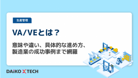 VA/VEとは？ 生産管理の解説バナー。意味・違い・進め方・製造業の成功事例を伝える、右に工場イラスト付き。